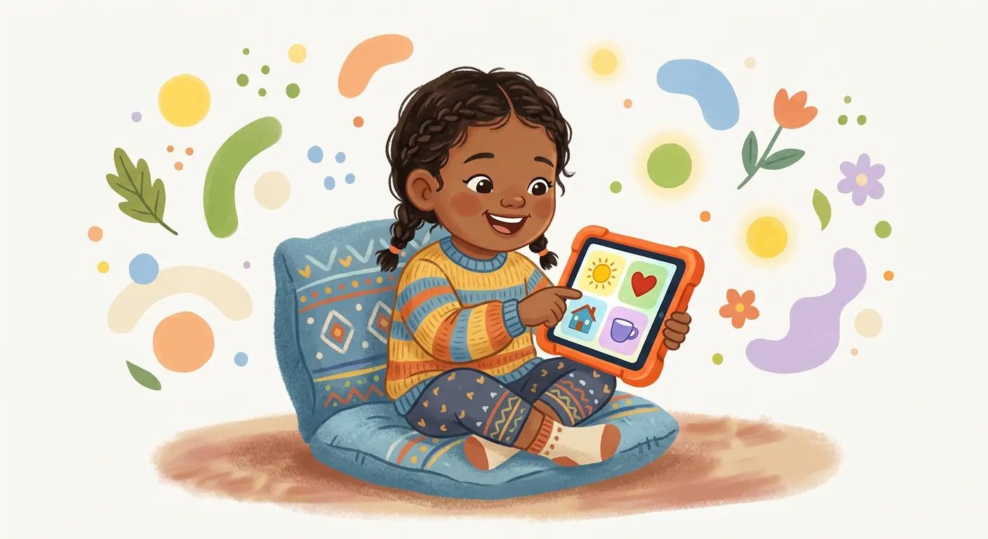 Child happily using FolAACi on a colorful tablet