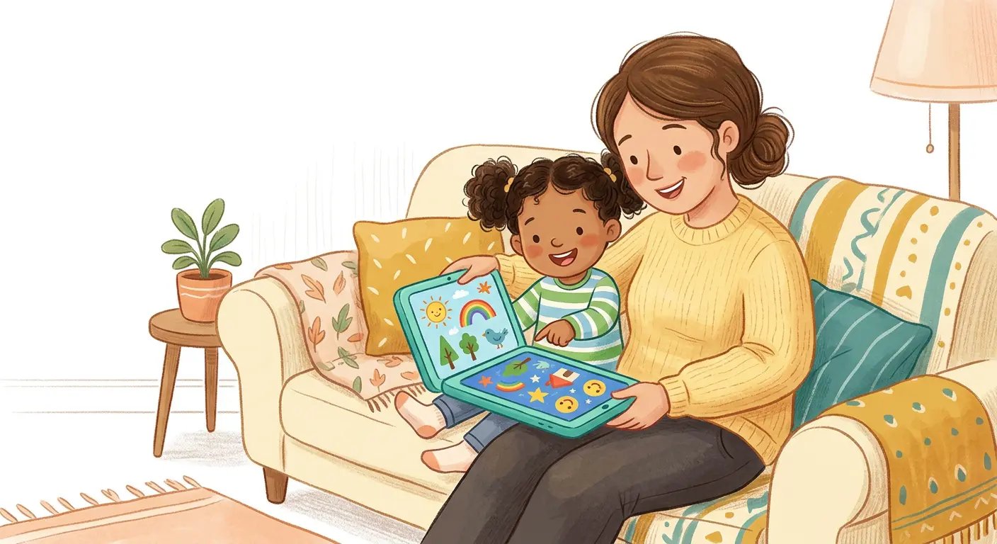 Parent and child using FolAACi together on a cozy couch